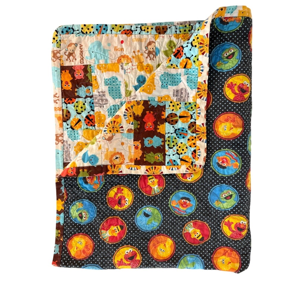 Vtg Style Sesame Street Elmo Quilt Reversible Jungle Animal Patchwork Blanket - Picture 3 of 8